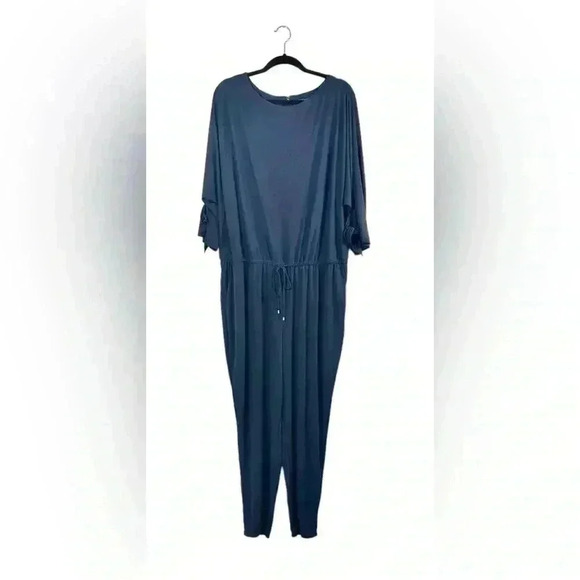 Ralph Lauren Women's Navy Slit-Sleeve Jersey Jumpsuit Size 3XL  Pockets Stretch - Picture 2 of 8
